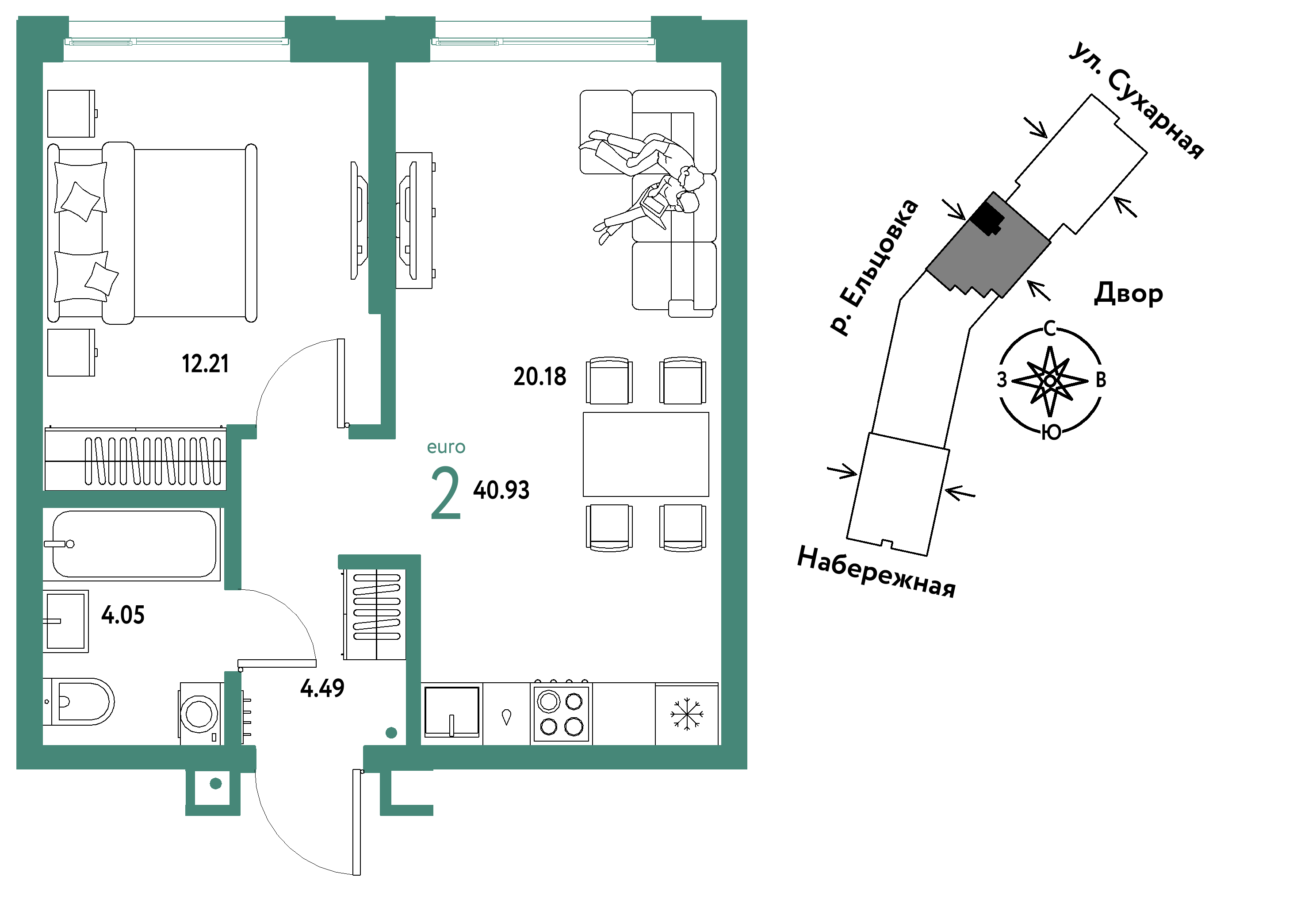 2-комнатная 40 м2 в ЖК Страна.Береговая корпус null этаж 13