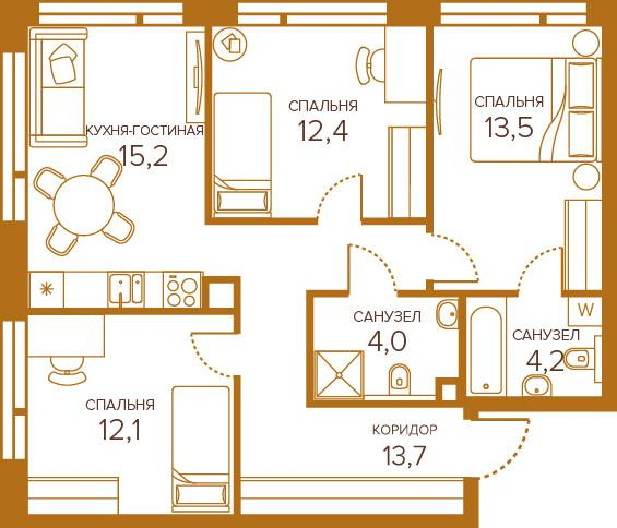 3-комнатная 75 м2 в ЖК Champine корпус null этаж 8