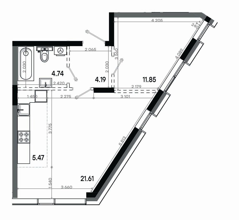 2-комнатная 47 м2 в ЖК Минтимер корпус null этаж 14