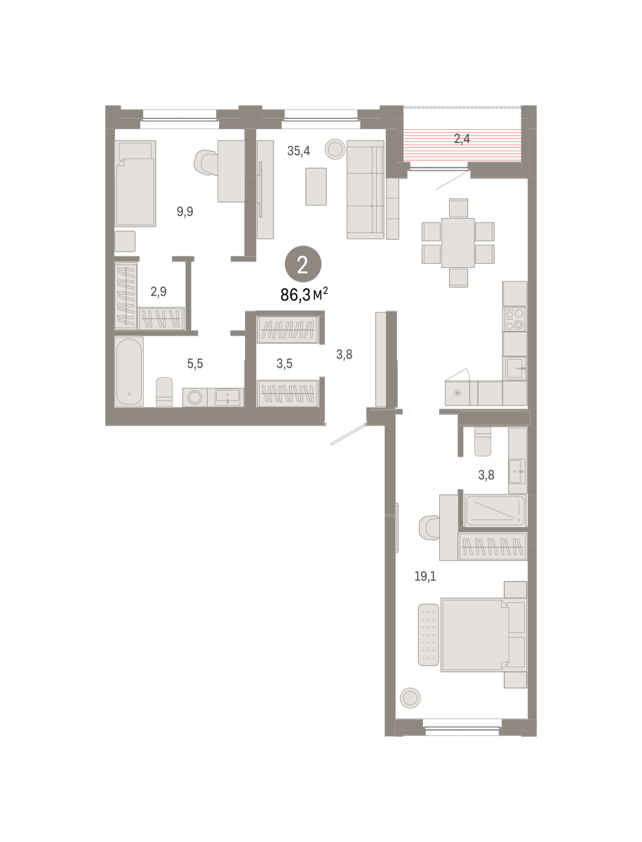 2-комнатная 86 м2 в ЖК Зарека корпус null этаж 9