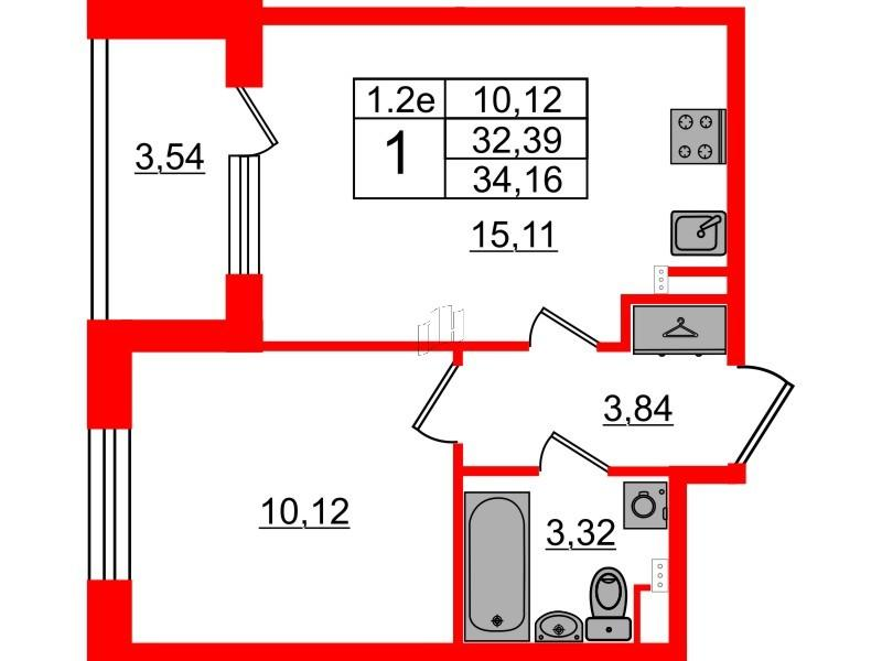 1-комнатная 32 м2 в ЖК Парадный ансамбль корпус null этаж 2