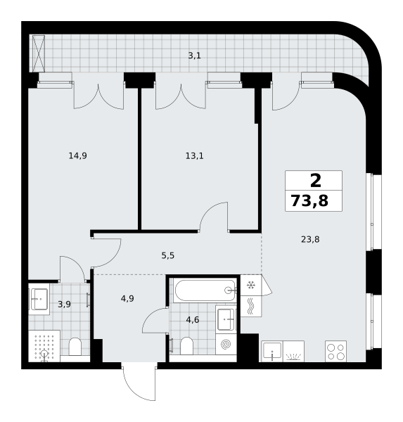 2-комнатная 73 м2 в ЖК Хольм корпус null этаж 8