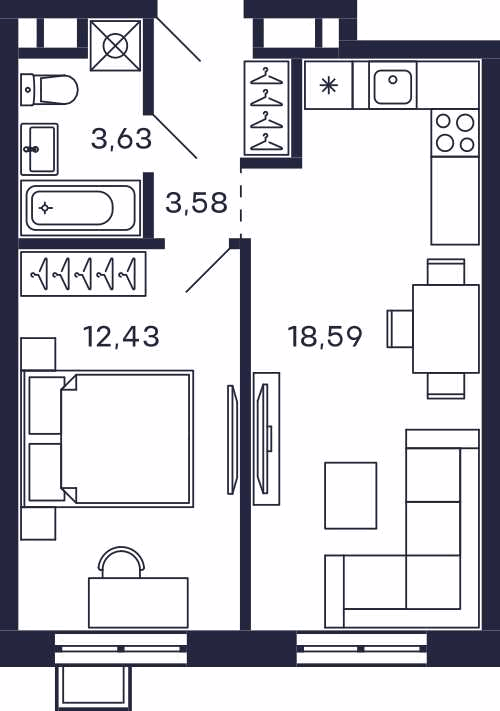 1-комнатная 39 м2 в ЖК Квартал Тетрис корпус null этаж 23