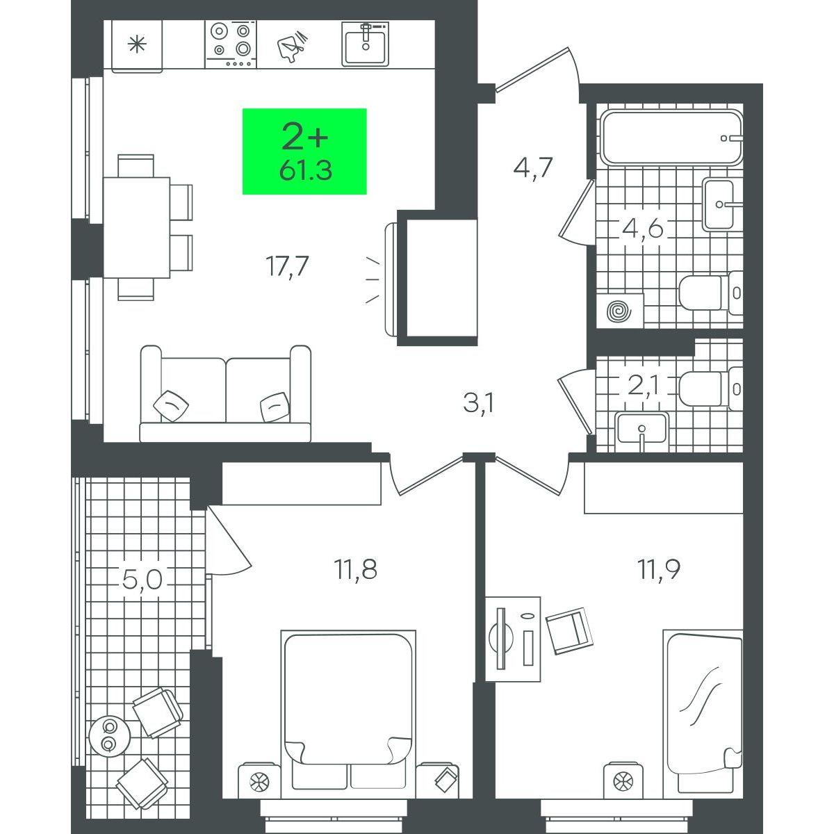 2-комнатная 61 м2 в ЖК Гранд Квартал корпус null этаж 15
