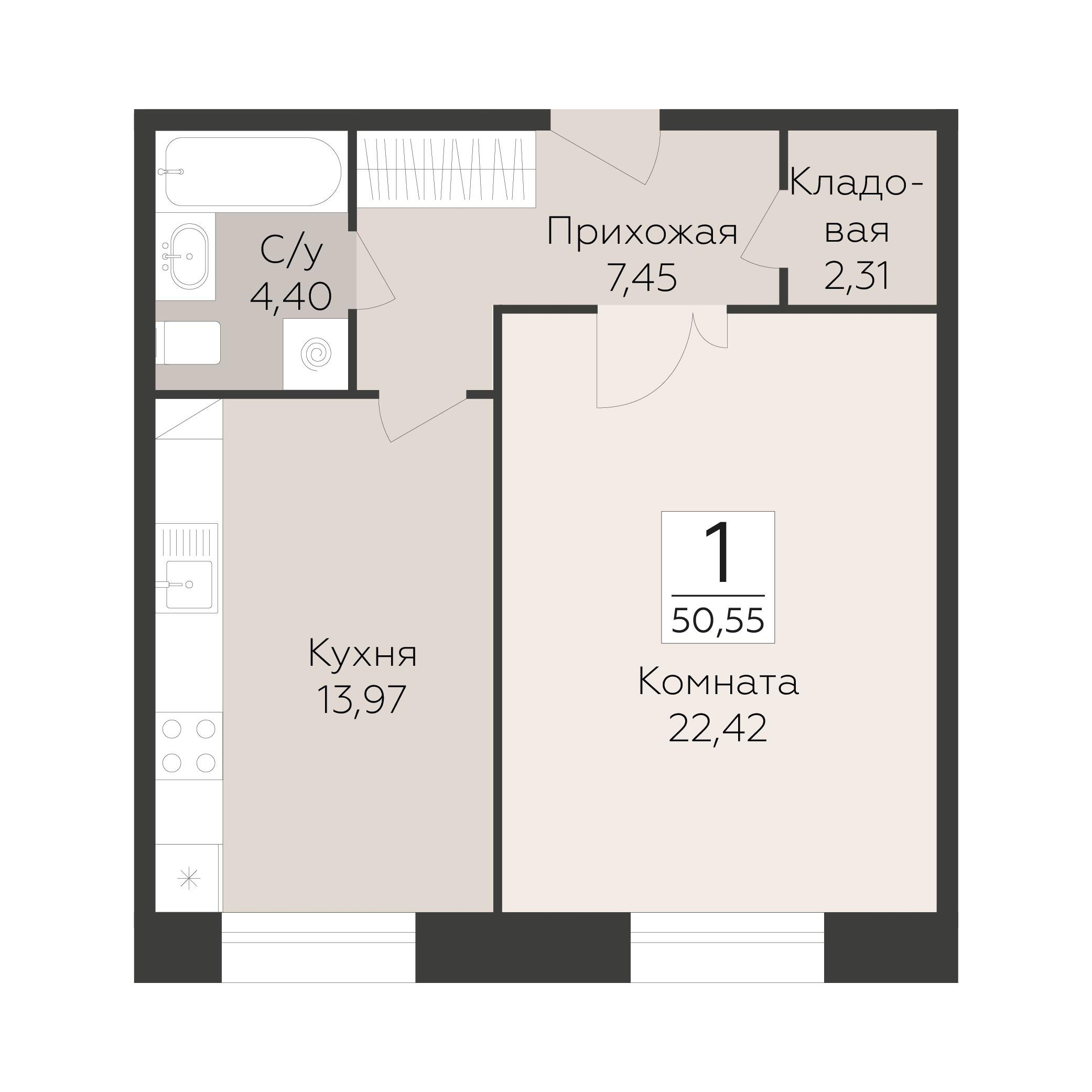 1-комнатная 50 м2 в ЖК Пахра Сити корпус null этаж 2