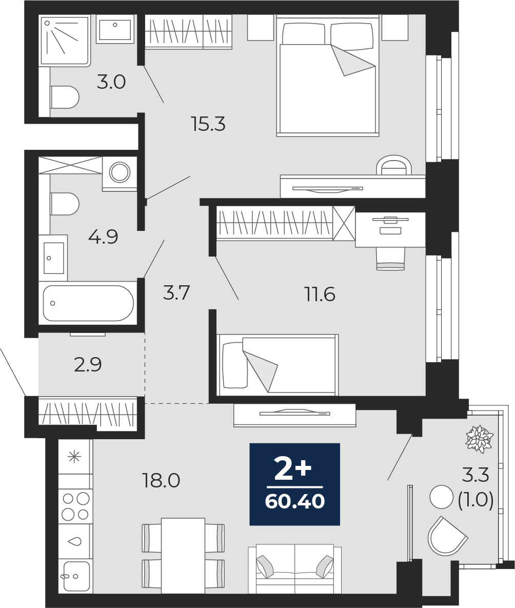 2-комнатная 59 м2 в ЖК Мириады корпус null этаж 2
