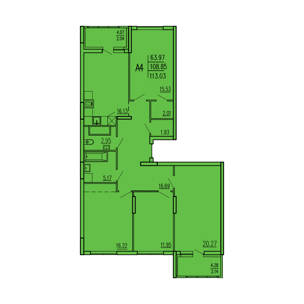 4-комнатная 113 м2 в ЖК Акварель корпус null этаж 11