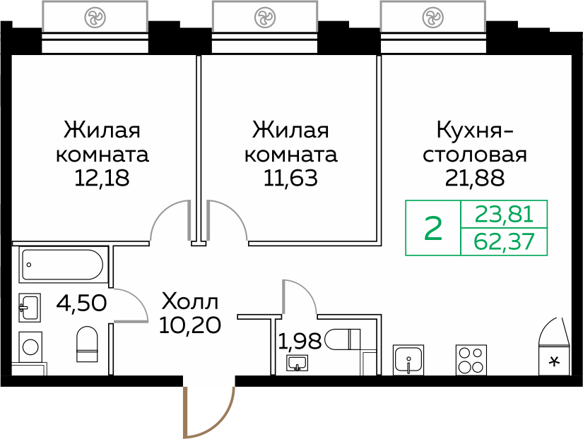 2-комнатная 62 м2 в ЖК Кит корпус null этаж 14