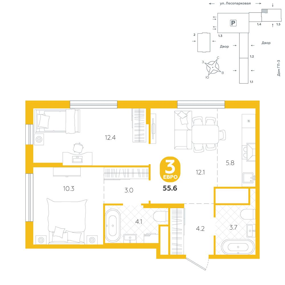 2-комнатная 55 м2 в ЖК Чистые пруды корпус null этаж 22