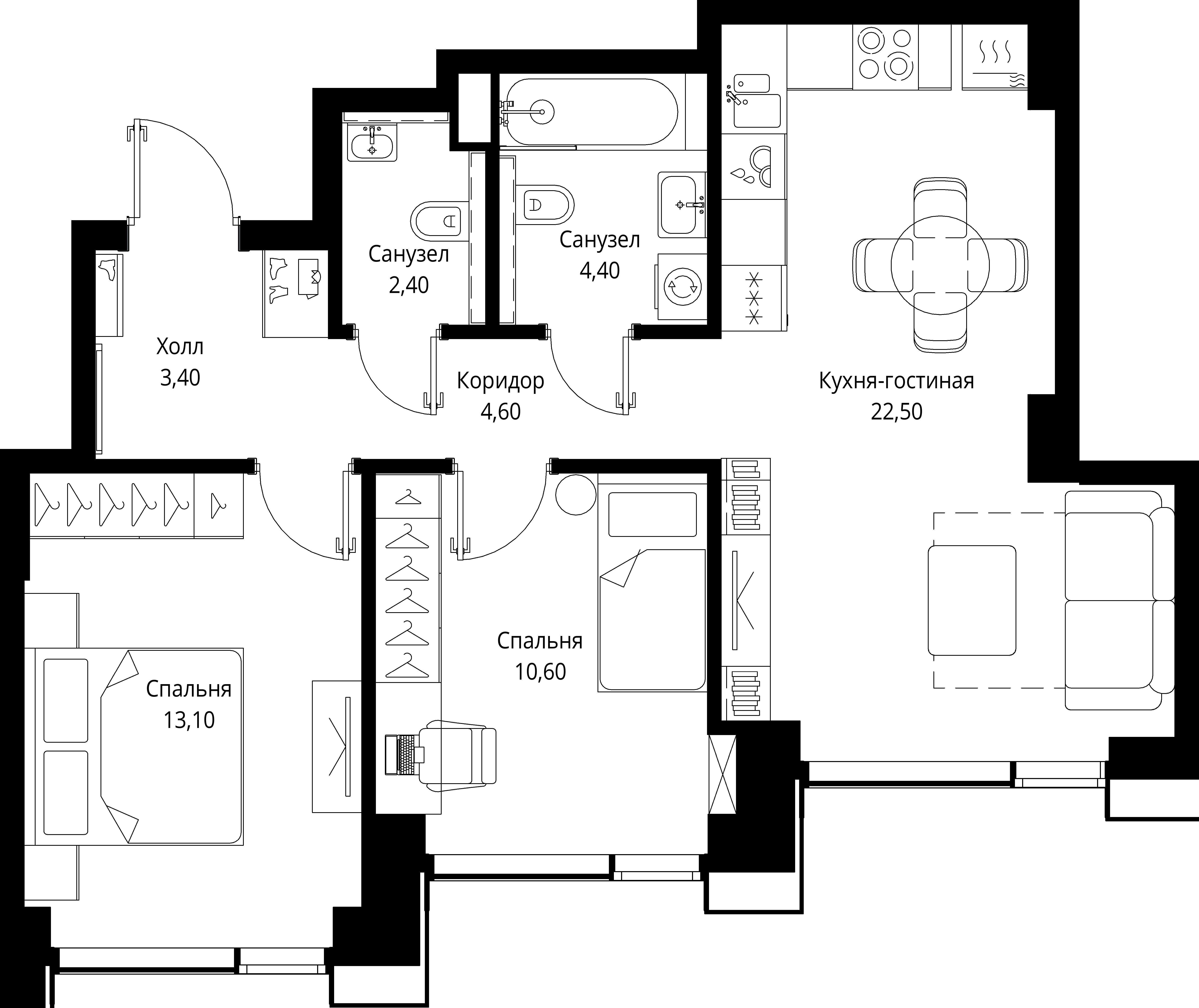 2-комнатная 61 м2 в ЖК Cityzen корпус null этаж 3