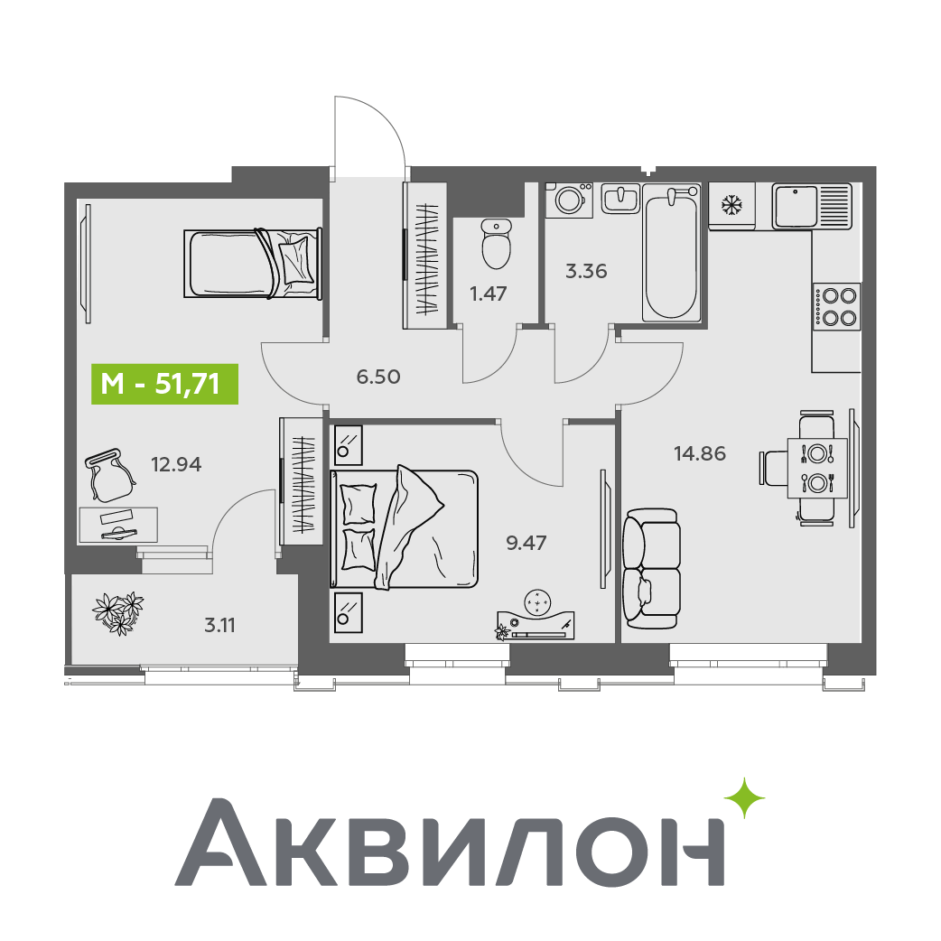 Студия 51 м2 в ЖК Аквилон АКВАРТАЛ корпус null этаж 8
