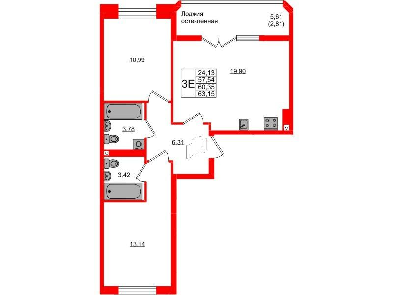 2-комнатная 60 м2 в ЖК Консул корпус null этаж 3