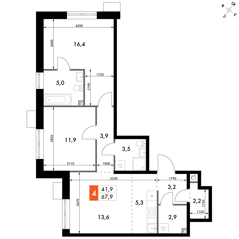 3-комнатная 67 м2 в ЖК Флагман корпус null этаж 21