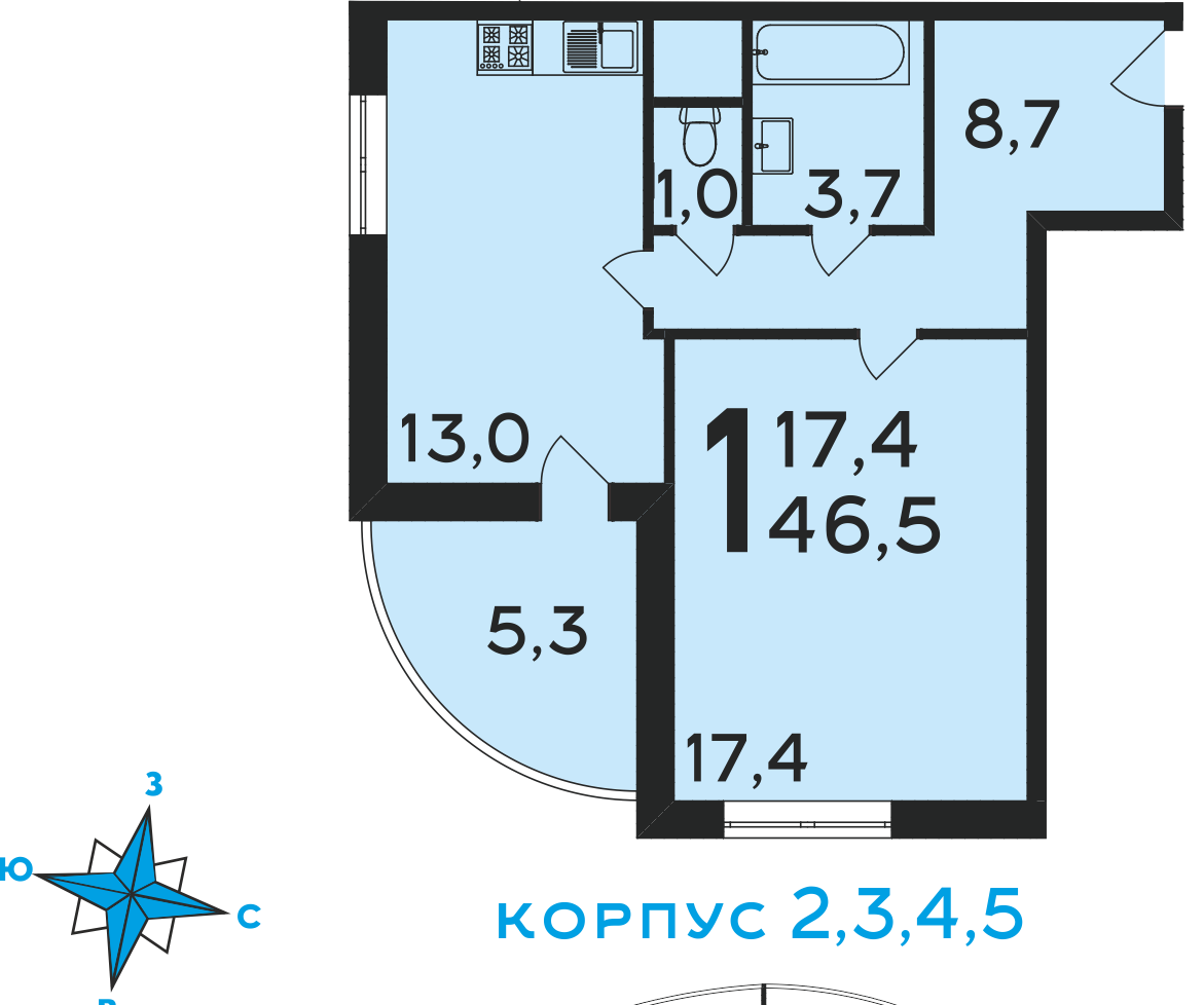 1-комнатная 47.1 м2 в ЖК undefined корпус null этаж 9