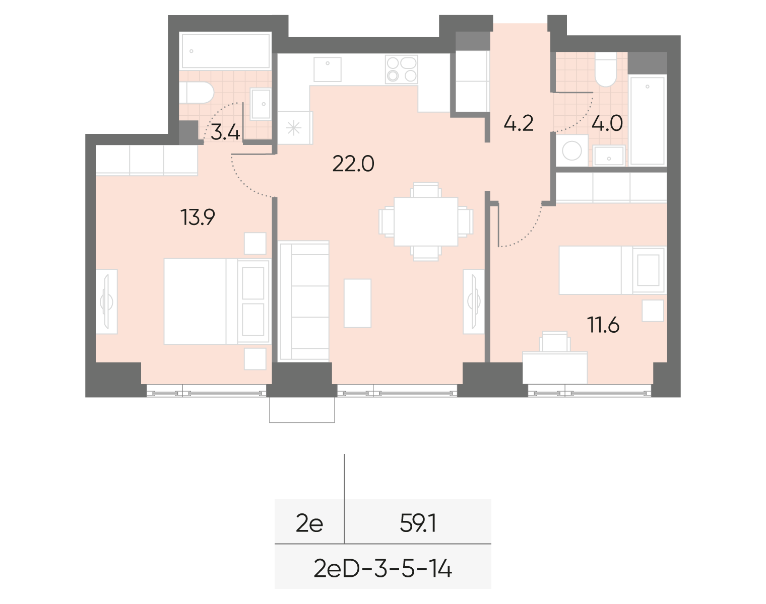 2-комнатная 59 м2 в ЖК Вейв корпус null этаж 7
