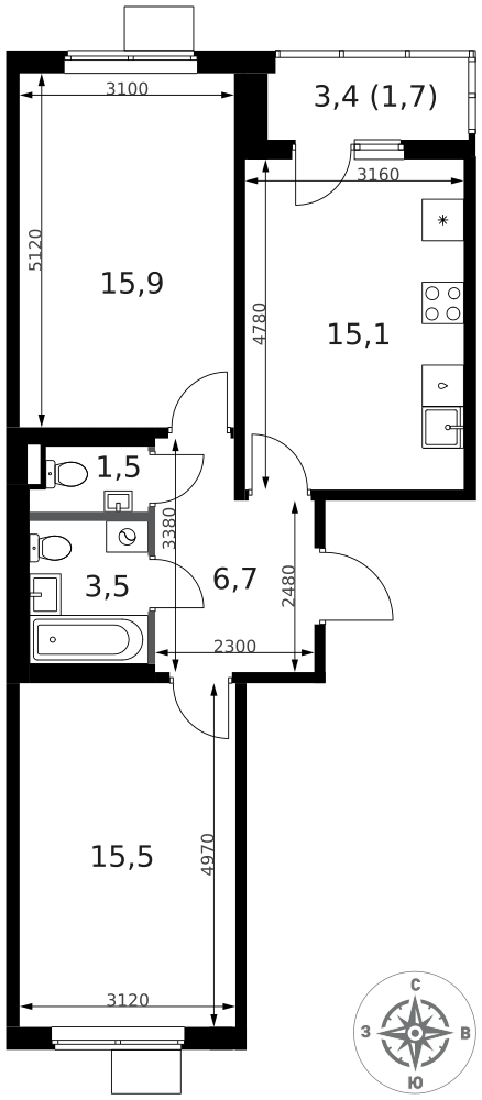 2-комнатная 59 м2 в ЖК 1-й Ясеневский корпус null этаж 5