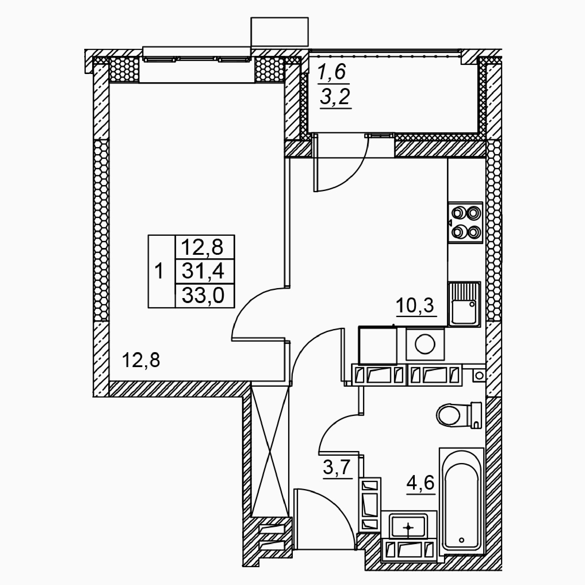 1-комнатная 33 м2 в ЖК Засекин корпус null этаж 13