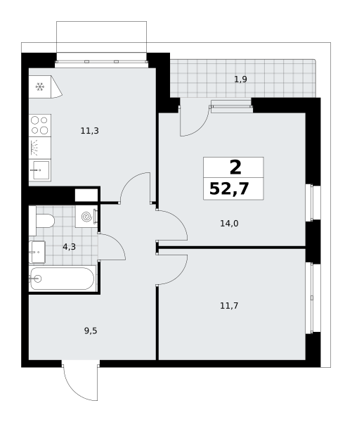 2-комнатная 52 м2 в ЖК Деснаречье корпус null этаж 14