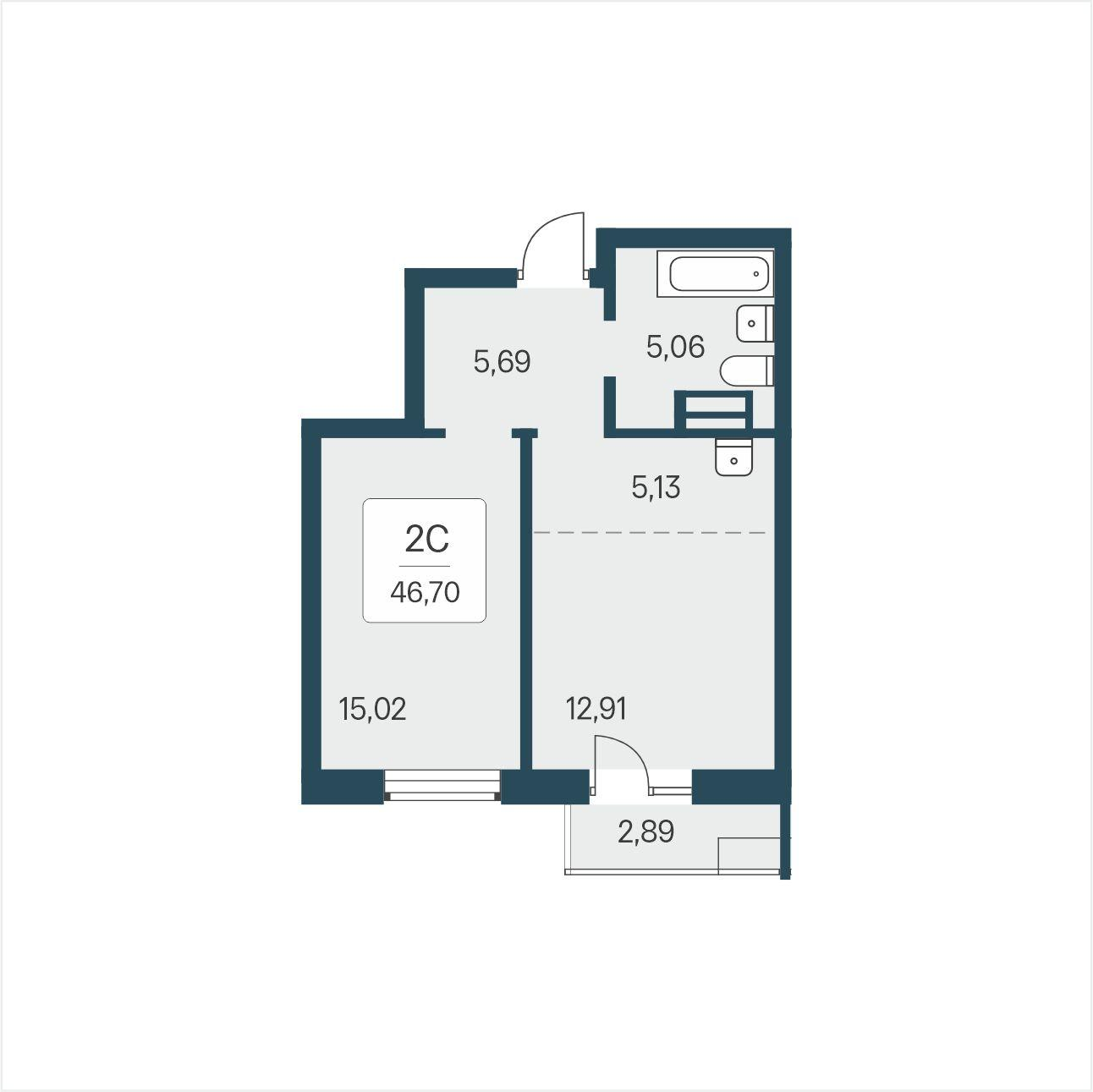 2-комнатная 46 м2 в ЖК Расцветай в Солнечном корпус null этаж 14