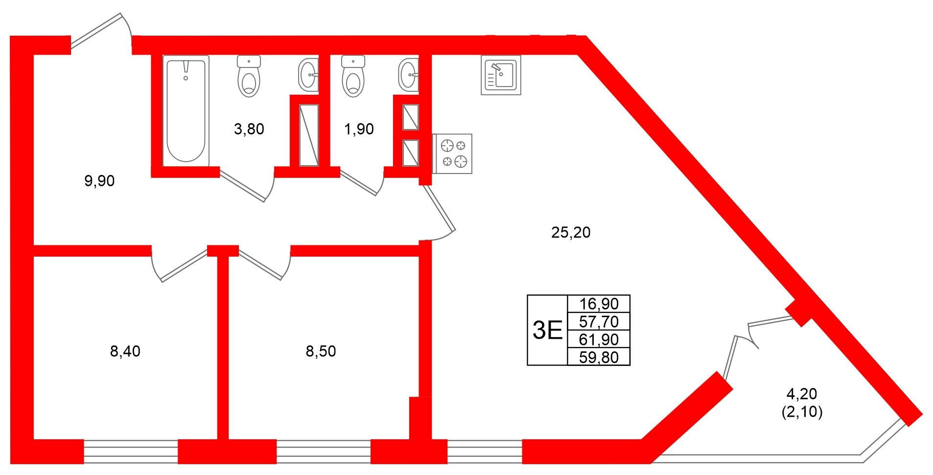 2-комнатная 59 м2 в ЖК Фридланд корпус null этаж 6