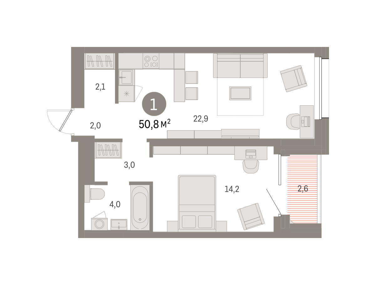 1-комнатная 50 м2 в ЖК Северный ветер корпус null этаж 13