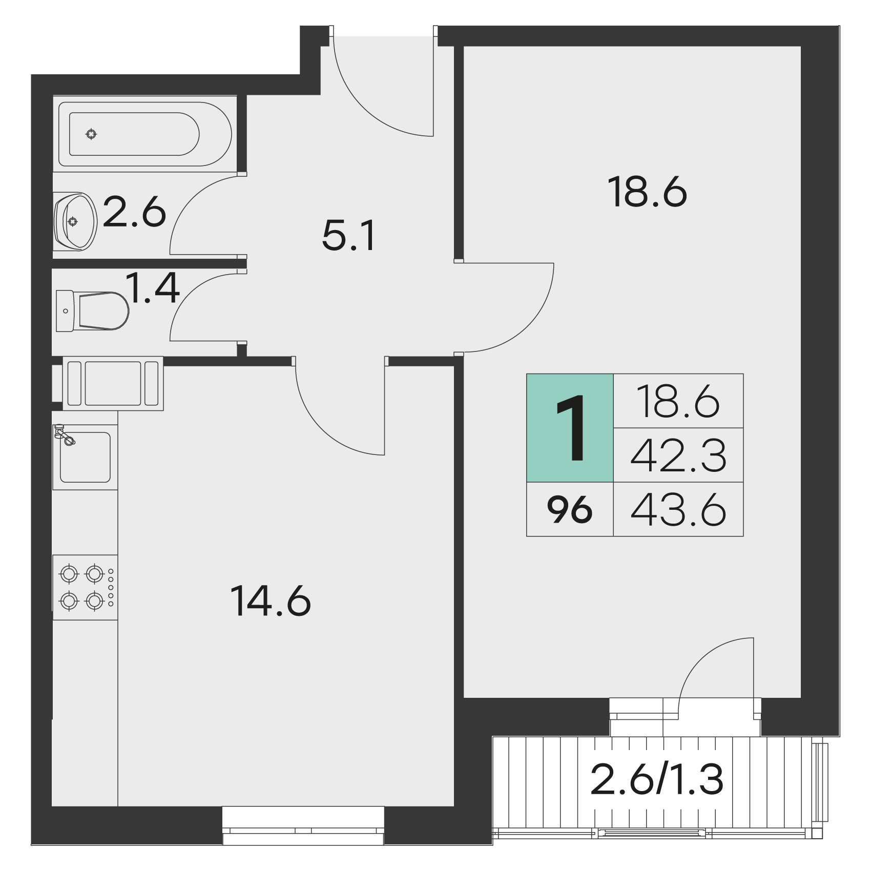 1-комнатная 43 м2 в ЖК Олимп (Хотьково) корпус null этаж 9