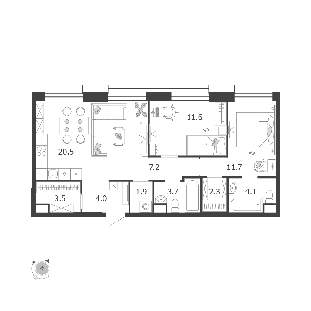 2-комнатная 70 м2 в ЖК Воксхолл корпус null этаж 4