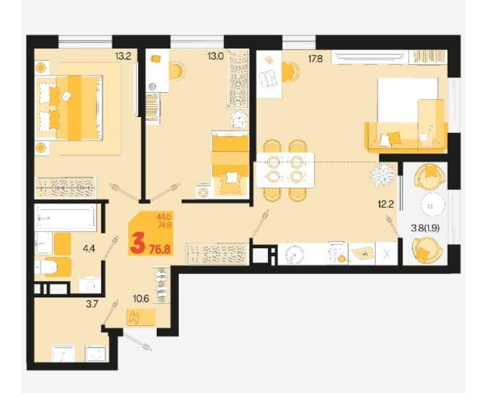 3-комнатная 76.8 м2 в ЖК undefined корпус null этаж 7