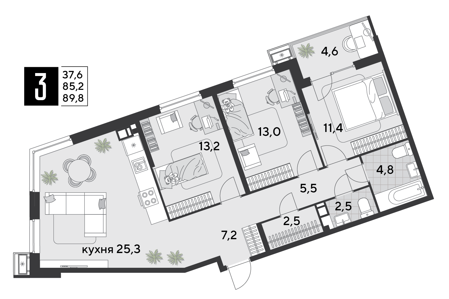 3-комнатная 90 м2 в ЖК Парк Победы 2 корпус null этаж 4
