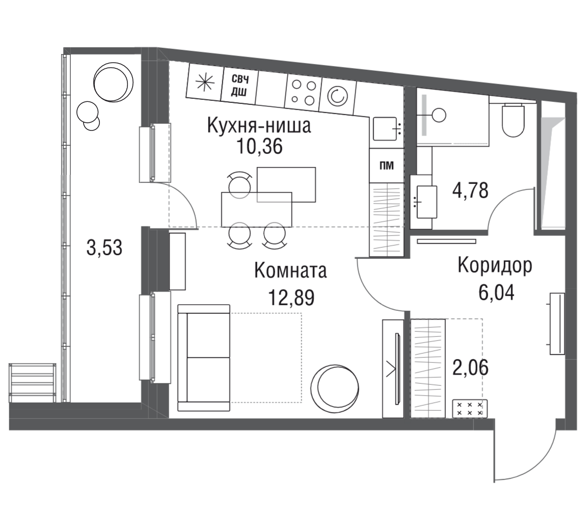 1-комнатная 39 м2 в ЖК Одинбург корпус null этаж 9