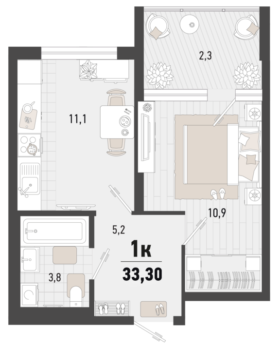 1-комнатная 33.3 м2 в ЖК undefined корпус null этаж 2