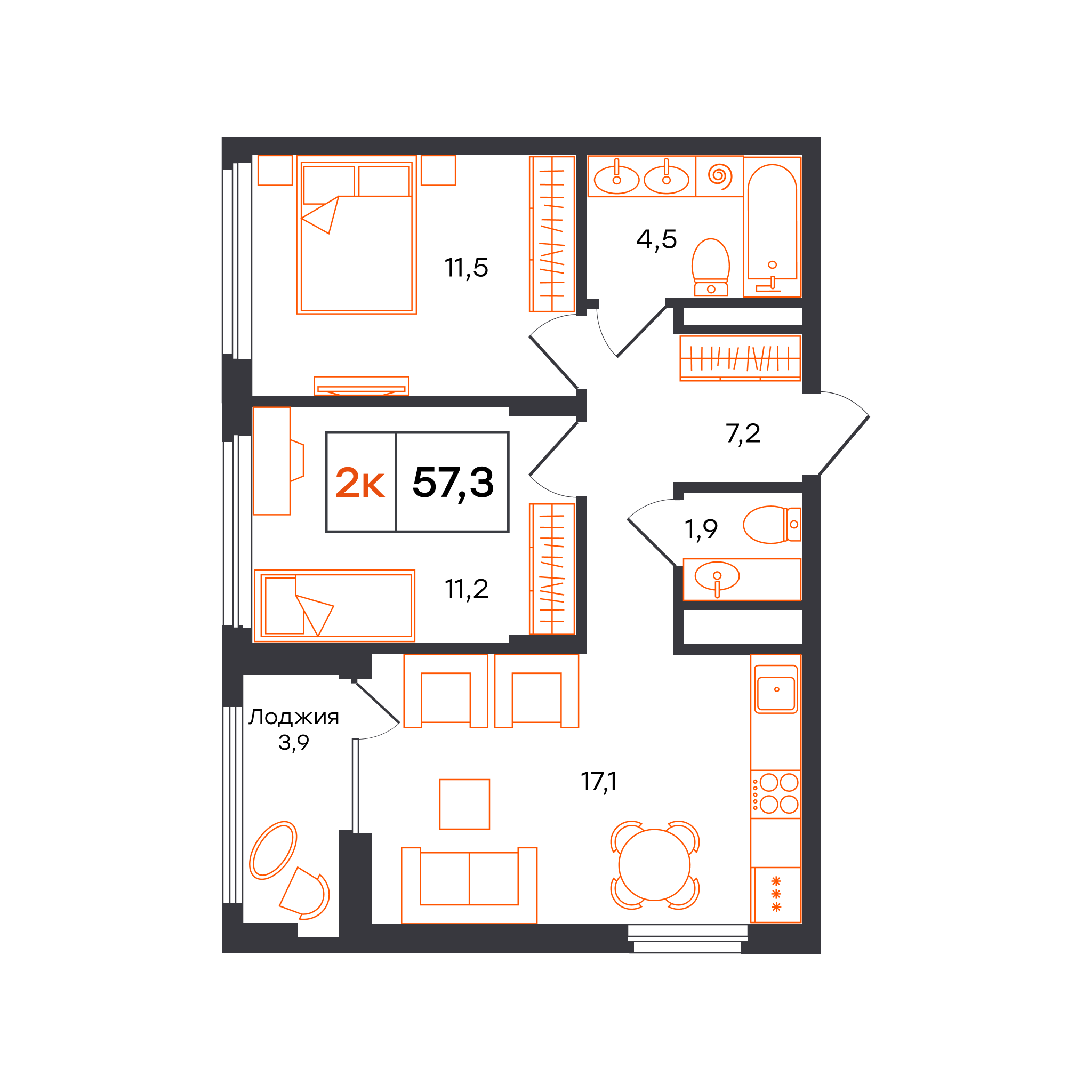 2-комнатная 57 м2 в ЖК Александровский корпус null этаж 8