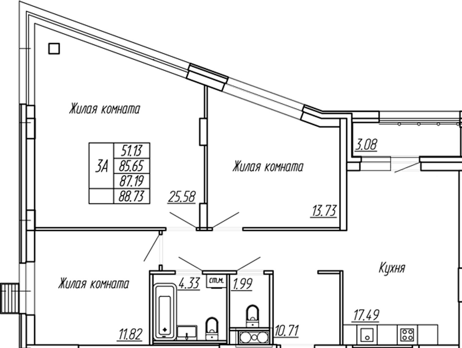 3-комнатная 87 м2 в ЖК Два Капитана корпус null этаж 14