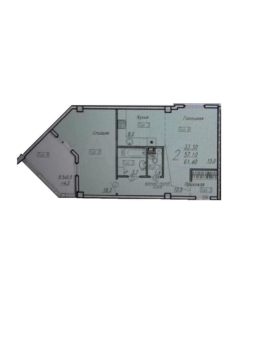 2-комнатная 61 м2 в ЖК undefined корпус null этаж 5