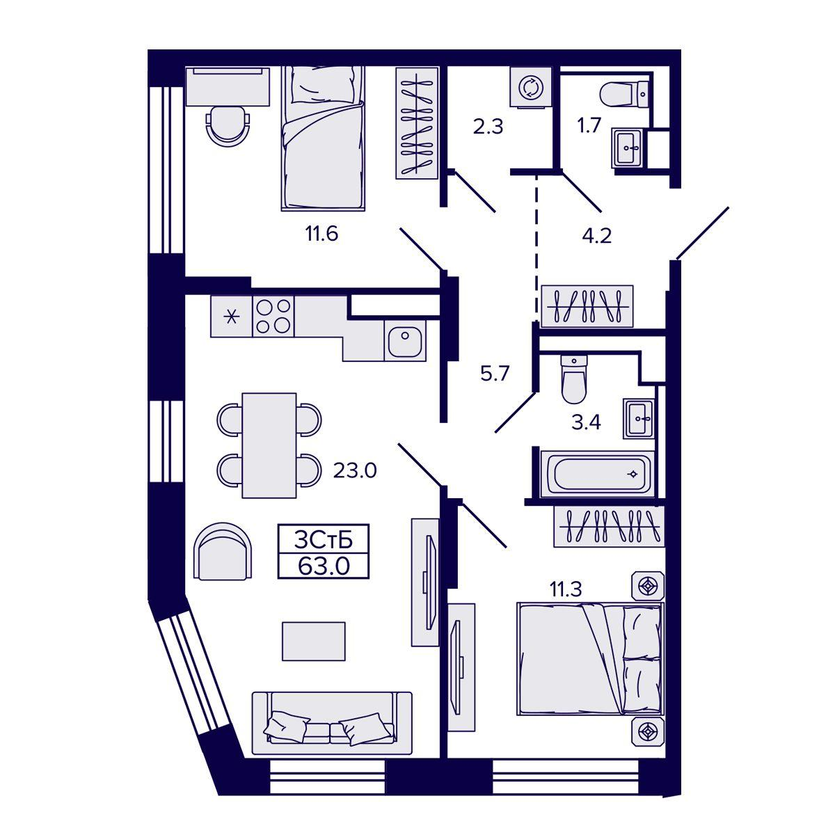 3-комнатная 63 м2 в ЖК Самородный квартал корпус null этаж 22