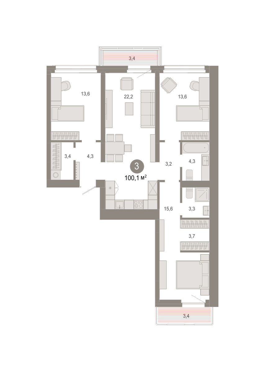3-комнатная 100 м2 в ЖК Квартал Нефть корпус null этаж 6