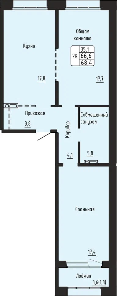 2-комнатная 68 м2 в ЖК Гренландия корпус null этаж 2