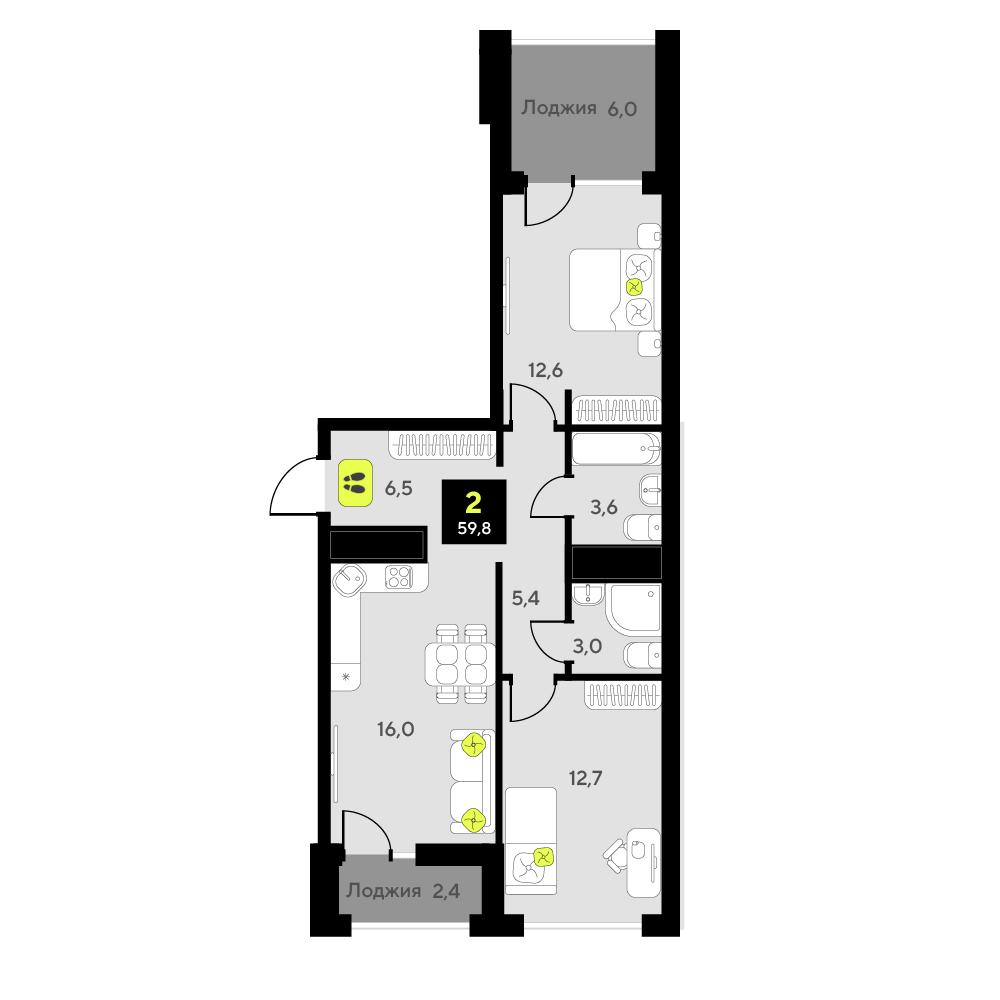 2-комнатная 59 м2 в ЖК Мотивы корпус null этаж 13