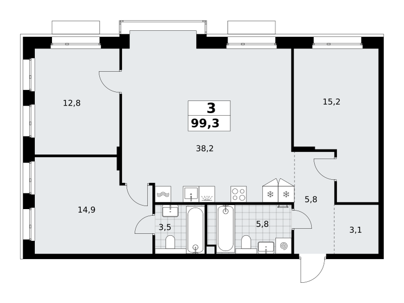3-комнатная 99 м2 в ЖК Хольм корпус null этаж 2