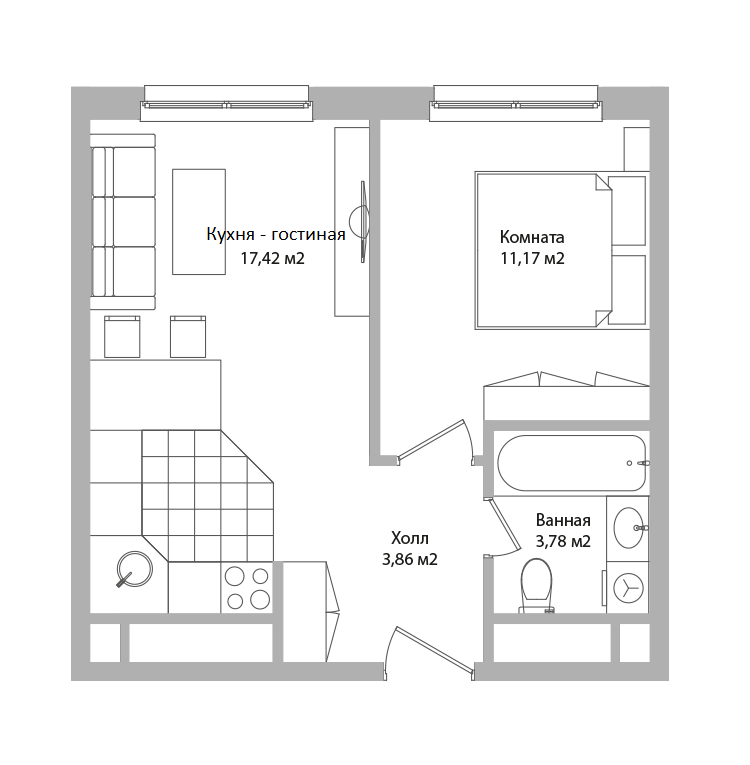 Студия 36 м2 в ЖК Адрес корпус null этаж 11