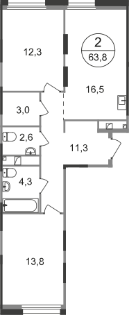 2-комнатная 63 м2 в ЖК Первый Московский корпус null этаж 3