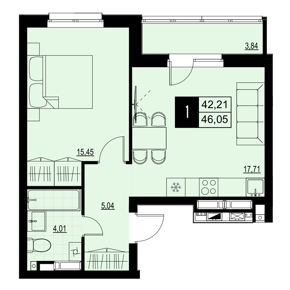 1-комнатная 44 м2 в ЖК Макрорайон Амград корпус null этаж 12