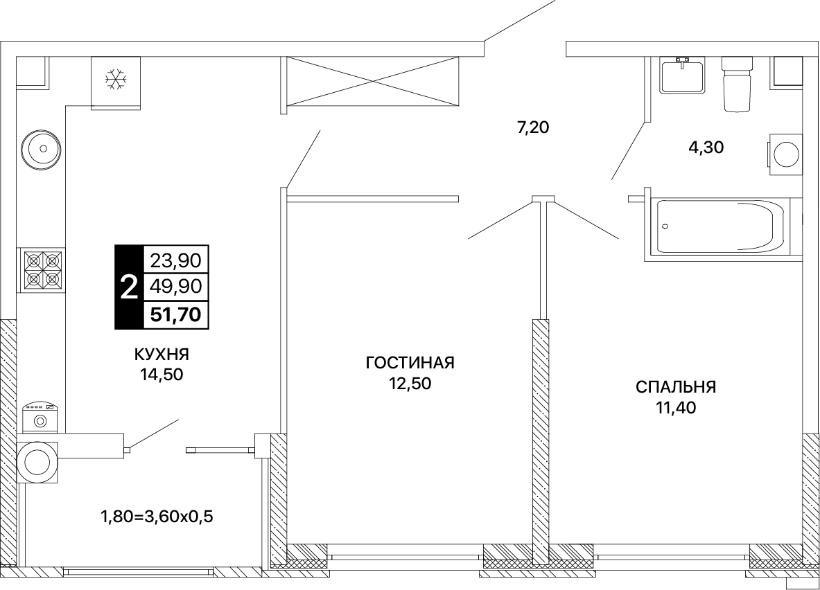 2-комнатная 51 м2 в ЖК Сияние корпус null этаж 2