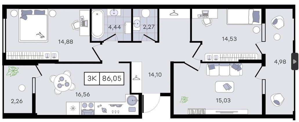 3-комнатная 86 м2 в ЖК undefined корпус null этаж 7