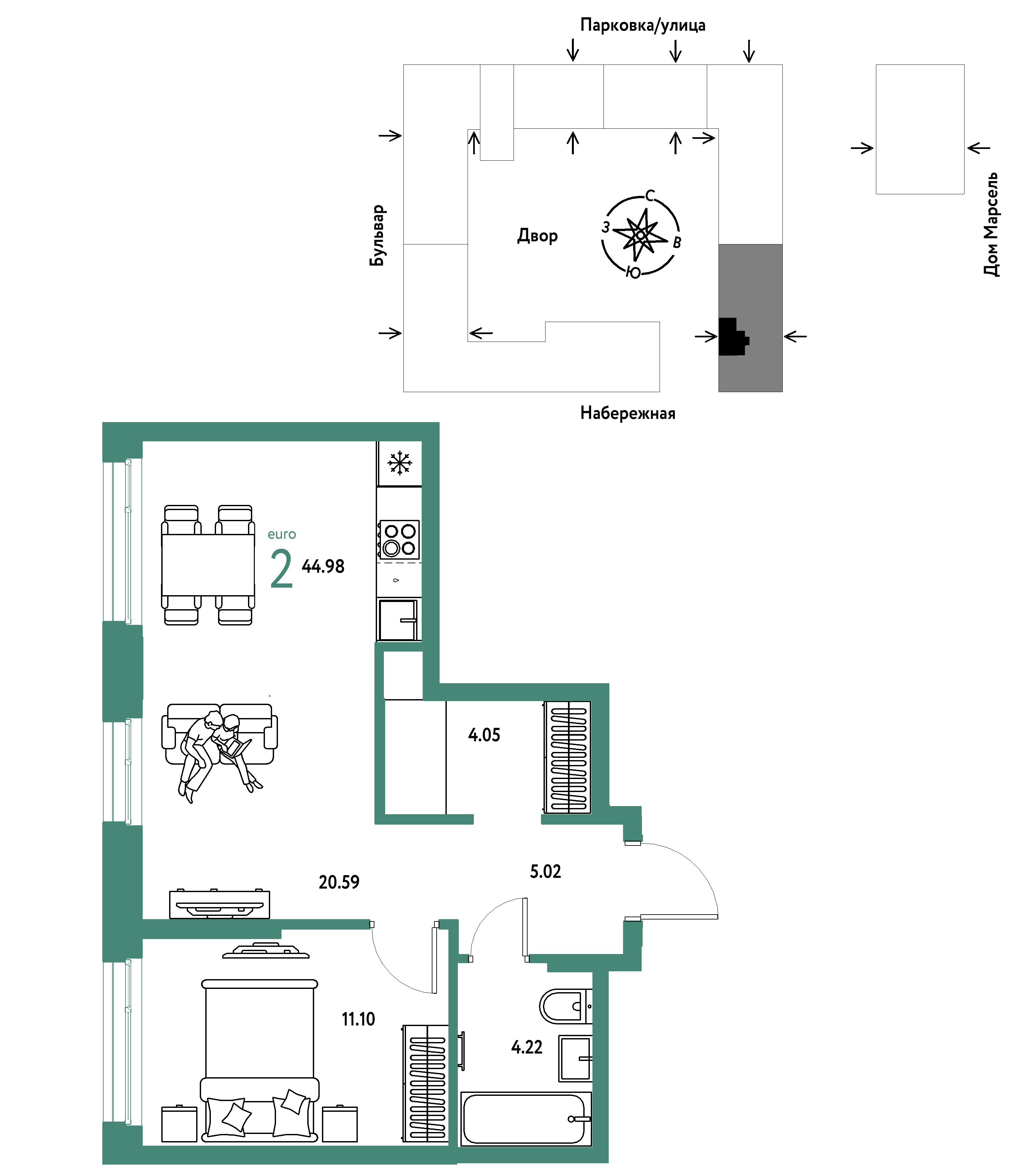 2-комнатная 44 м2 в ЖК Европейский берег 2.0 корпус null этаж 5