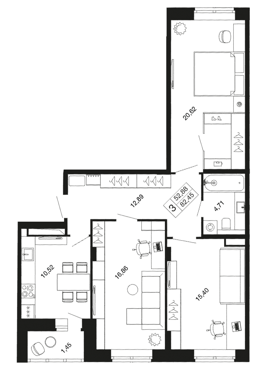 3-комнатная 82 м2 в ЖК Времена года корпус null этаж 6