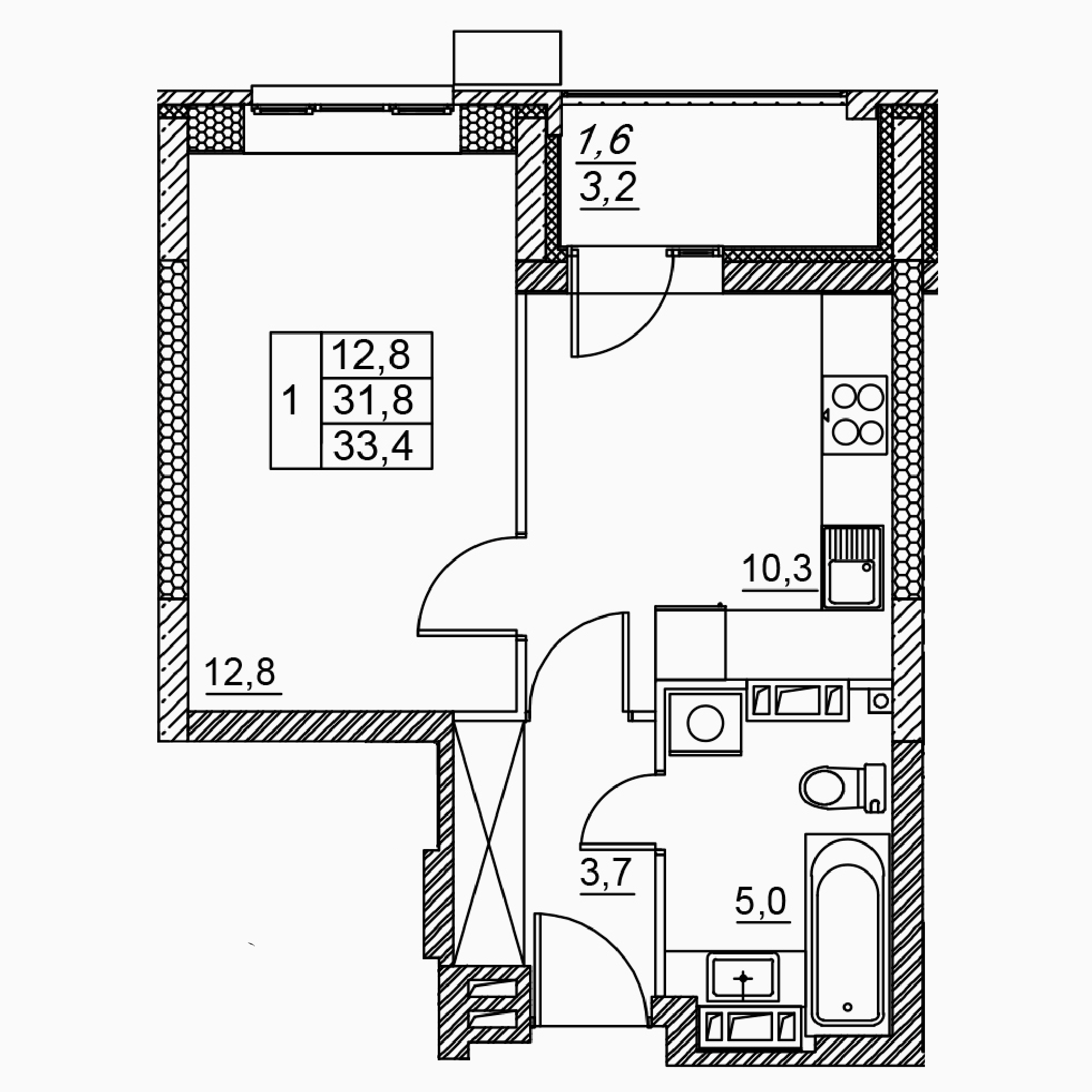 1-комнатная 33 м2 в ЖК Засекин корпус null этаж 12