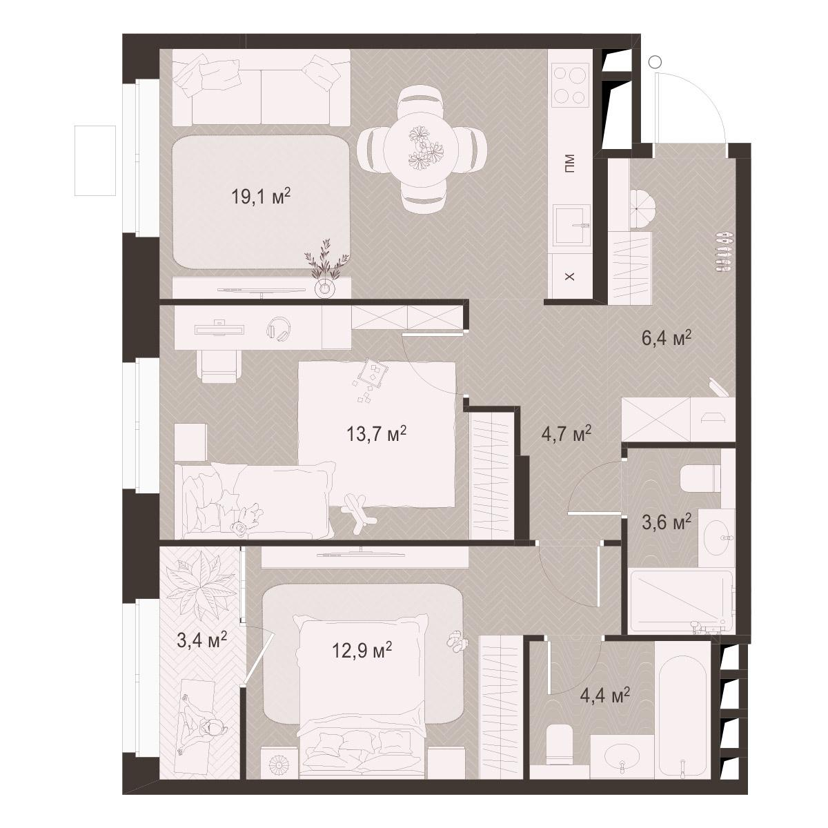 2-комнатная 68 м2 в ЖК Гранд Комфорт-3 корпус null этаж 15