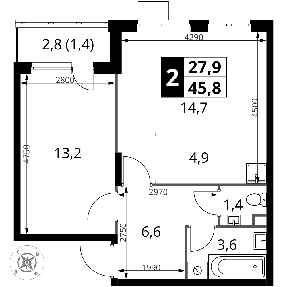 2-комнатная 45 м2 в ЖК 1-й Донской корпус null этаж 9