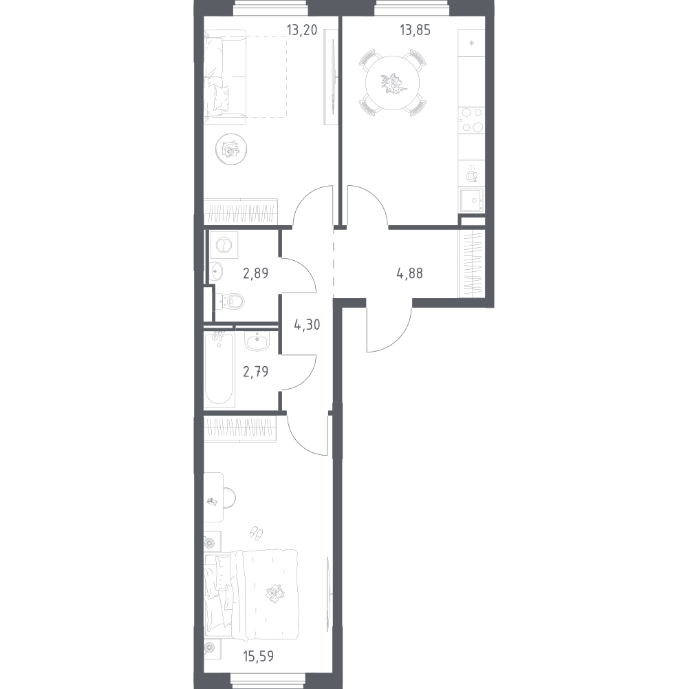 2-комнатная 57 м2 в ЖК Мытищи Парк корпус null этаж 7